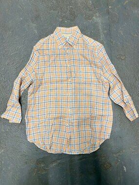 BRUNELLO CUCINELLI Orange Light Blue Linen Plaid Button Down Shirt Sz L